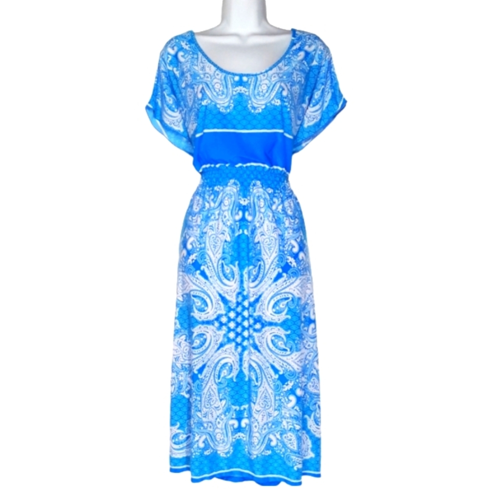 YOUNG USA Blue Paisley Print Stretchy Medium Midi Dress